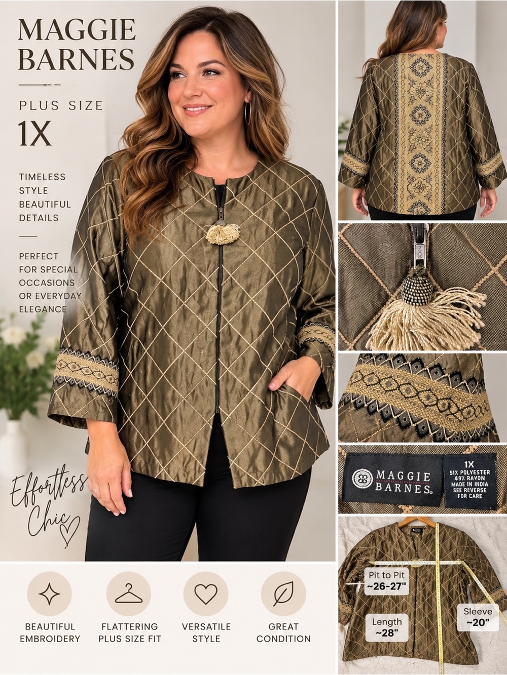 Maggie Barnes 1X Metallic Gold Olive Embroidered Boho Art to Wear Jacket